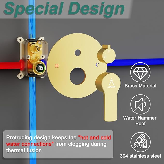 Shower Faucet Set Brass 12IN Rough-In Valve Body Trim Kit Rainfall Included Handle Accessories Complete 2 Functions with Rain Head and Handheld Bathroom Systems (12'', Brushed Gold)