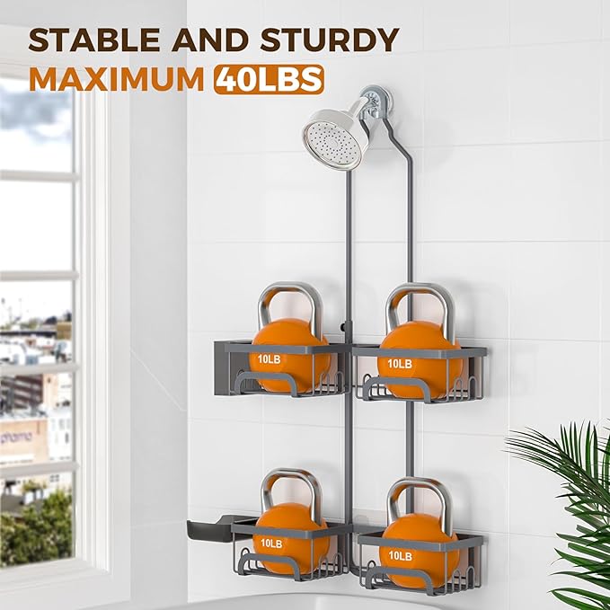 REINHARDT Adjustable Shower Caddy Hanging Split Shower Caddy for Handheld Showerheads, Rustproof Shower Organizer with Hooks for Razors Over the Head Caddy with Soap Holder Bathroom Accessories, Grey