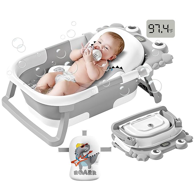 Collapsible Baby Bathtub for Newborns to Toddler with Real-time Temp Monitor & Floating Cushion,Portable Travel Tub for 0-36 Month, Foldable Baby Bath Tub for Infants Boy (Grey)