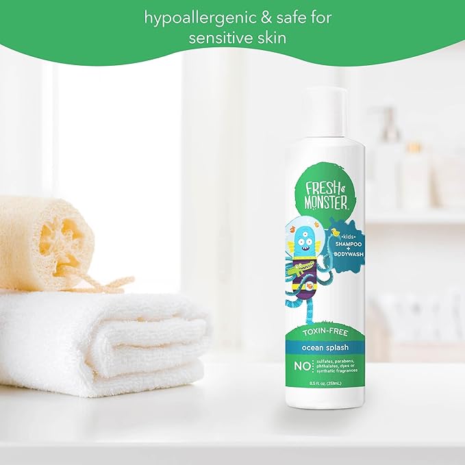 Fresh Monster 2-in-1 Kids Shampoo & Body Wash, Ocean Splash - 8.5oz, Toxin-Free, Hypoallergenic, Natural & PETA Certified Cruelty-Free, Unisex