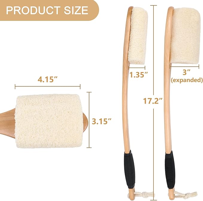 OWIIZI Back Loofah Scrubber Brush with Long Handle, Hard Loofa Sponge Body Bath Scrubber for Shower, Natural Luffa Skin Exfoliating On a Stick for Men Women Elder