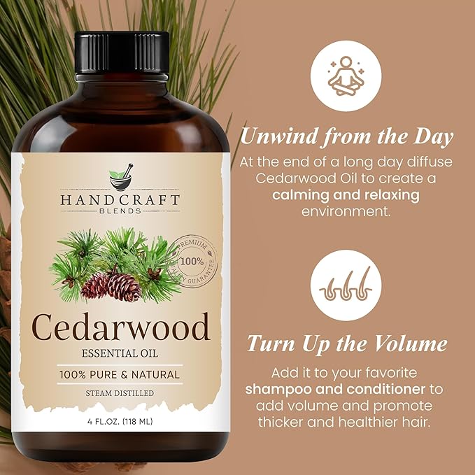 Handcraft Blends Cedarwood Essential Oil – Huge 4 Fl Oz – 100% Pure and Natural – Premium Grade Essential Oil for Diffuser and Aromatherapy, Skin, Massage, Candle and Soap Making Fragrance