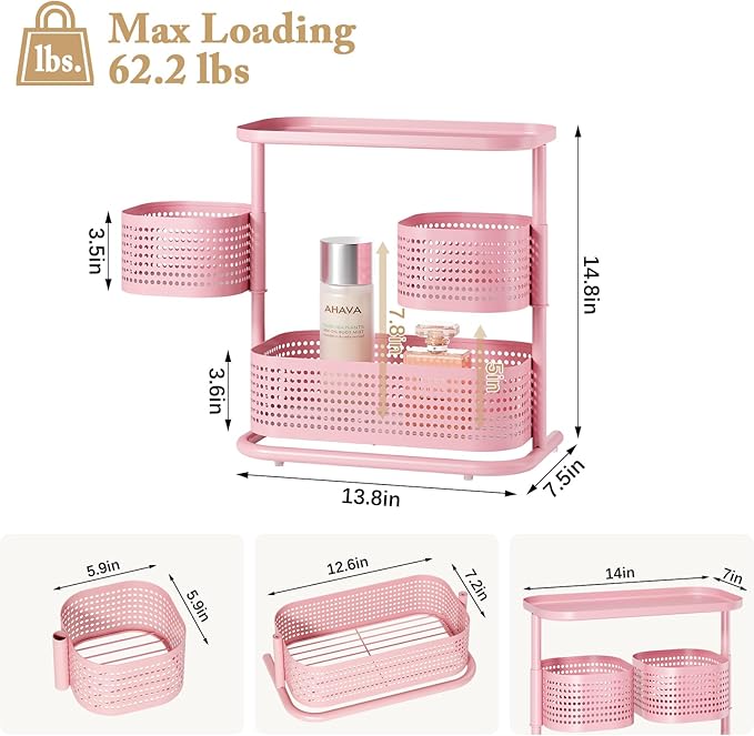 KINGRACK 3 Tier Bathroom Organizer Countertop, Multi-Purpose Makeup Organizer, Rotating Desktop Skincare Organizer, Vanity Tray Standing Rack for Bathroom, Pink