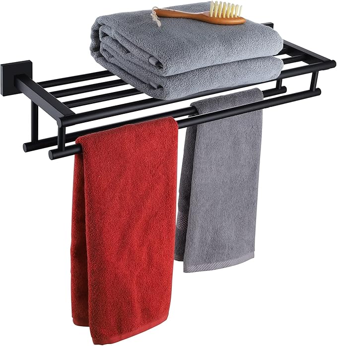 KOKOSIRI Bath Towel Rack with Double Towel Bars Bathroom Towel Shelf 20 Inch Towel Holder Wall Mounted Stainless Steel, Matte Black, B6005BK-L20