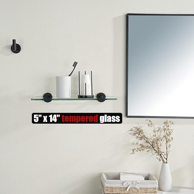 JQK Bathroom Glass Shelf Black, Tempered Glass Shower Storage 14 by 5 inches, 304 Stainless Steel Matte Black Wall Mount, TGS101L14-PB