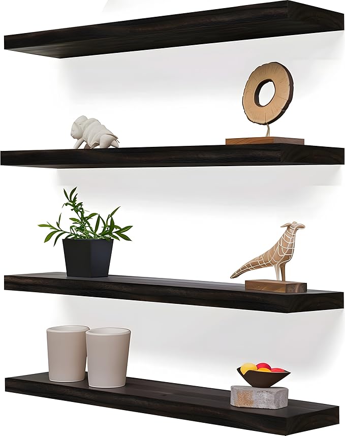 24 Inch Floating Shelves for Wall Rustic Brown Wood Wall Shelves for Bedroom Set of 4