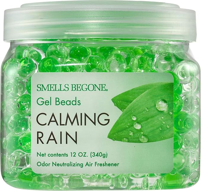 SMELLS BEGONE Odor Eliminator Gel Beads - Air Freshener - Eliminates Odor in Bathrooms, Cars, Boats, RVs and Pet Areas - Made with Essential Oils - Calming Rain Scent - 12 Ounce