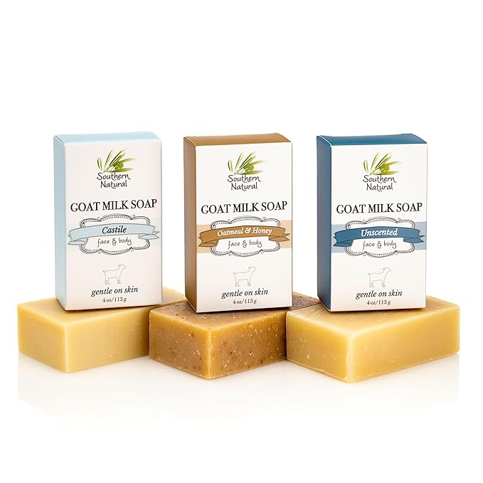 Southern Natural Goat Milk Soap Bar – Unscented Oatmeal & Honey, Castile & Unscented – Handmade for Dry, Sensitive Skin – Face & Body Wash for Men, Women, Kids, Baby – 3 pack (4-4.5 oz)