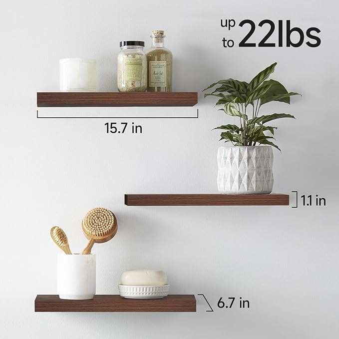 BAYKA Floating Shelves for Wall, Wall Mounted Rustic Wood Shelves for Bathroom, Bedroom, Living Room, Kitchen,Small Hanging Shelf for Books/Storage/Room Decor (Walnut-Like, Set of 3, 15.7in)