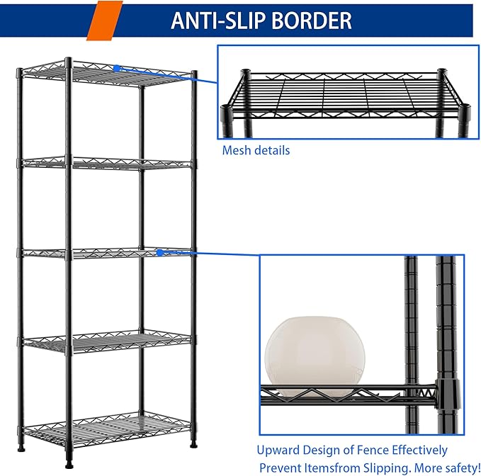 REGILLER 5-Wire Shelving Metal Storage Rack Adjustable Shelves,Standing Storage Shelf Units for Laundry Bathroom Kitchen Pantry Closet(Black,11.8" D x 21.2" W x 53.5" H)
