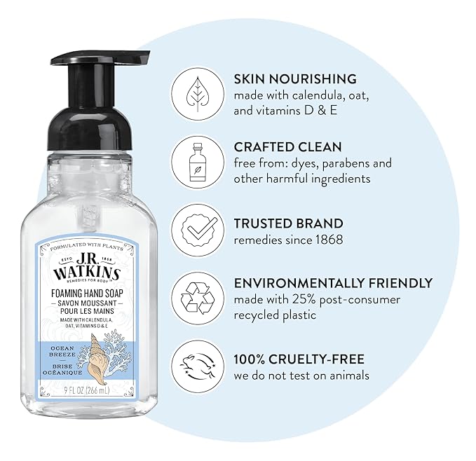 J.R. Watkins Foaming Hand Soap with Pump Dispenser, Moisturizing Foam Hand Wash, Alcohol-Free, Cruelty-Free, Ocean Breeze, 9 fl oz, 3 Pack