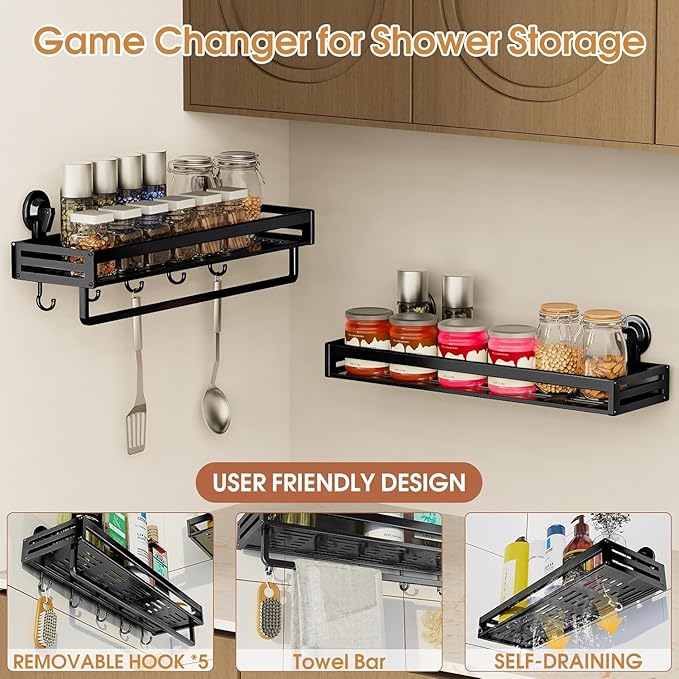 Shower Caddy Suction Cup, 11.8 inch 2 Pack Suction Shower Shelf with Hooks NO-Drilling Bathroom Holder, Rustproof Bathroom Organizer, Black,Includes 2 Extra Suction Cups for Replacement Use