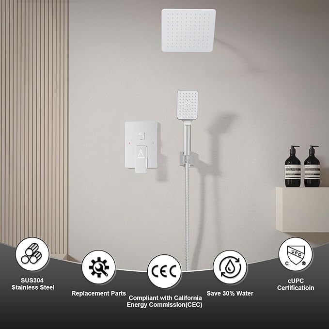 Shower System Modern Rain 8 inches Brass Faucet Set With Valve and Diverter Shower Mixer With Handheld High Pressure Square Rainfall Shower Valve (8'' Wall Mount, Chrome Polished)