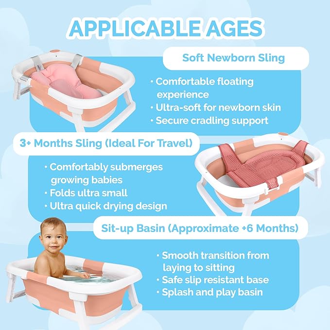 BEBELEH™ Collapsible Baby Bathtub – Bathtub + Baby tub Sling + Newborn Sling – Baby Bathtub Newborn to Toddler 0-24 Months – The Ultimate Travel Baby Bath Tub and Everyday Use! (Pink)