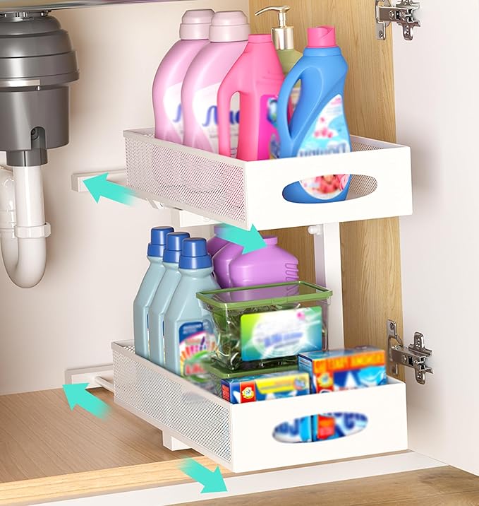 Under Sink Organizer, 1 Pack 2 Tier Metal Slide Out Pull Out Cabinet Organizer Shelf, Height Adjustable Organization and Storage Series, Bathroom/Desktop/Cabinet/Kitchen organization, White