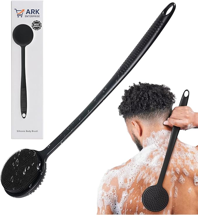 ARK Silicone Scrubber for Shower, 17 in Lengthened Long Handle Body Brush, Double Sided deep Cleaning & Massaging Shower Scrubber, Rich Foam Producer for Men & Women.