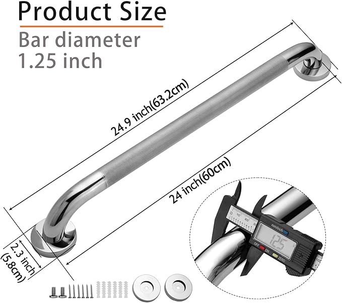 Shower Grab Bar, 2 Pack 24 Inch Bathroom Grab Bar, 1.25" Diameter 304 Stainless Steel Anti-Slip Grab Bars for Bathtubs and Showers, Handicap Shower Grab Bar for Seniors Elderly