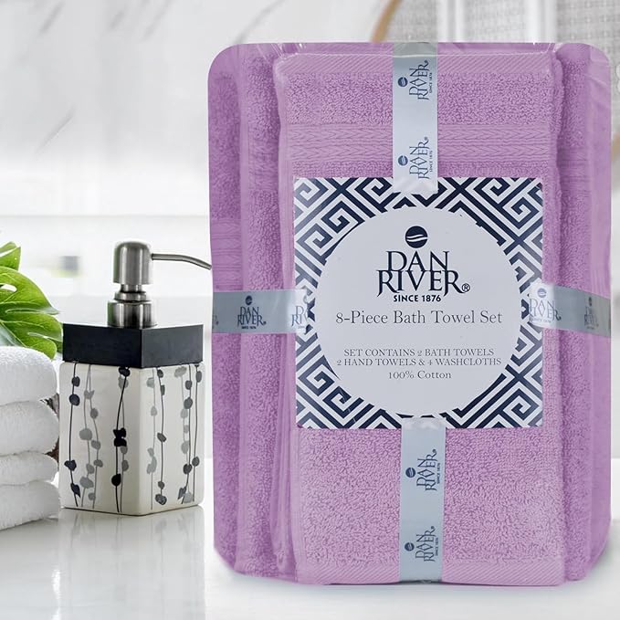 DAN RIVER 8 PC Luxury Bath Towels for Bathroom, 2 Bath, 2 Hand, and 4 Wash Cloths, 600 GSM 100% Ring Spun Cotton Towel Set, Highly Absorbent, Gym, Hotel, and Spa, Lavendar