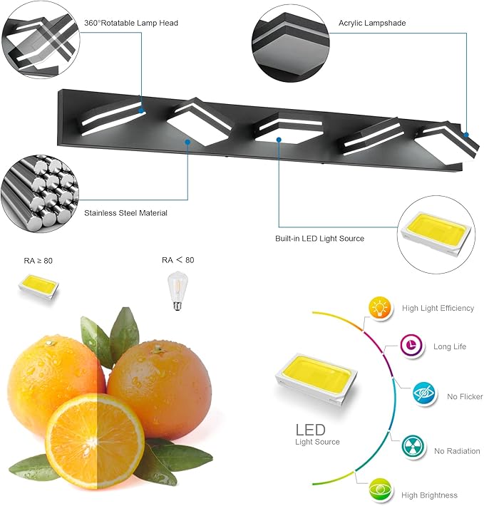 SineRise LED Modern Bathroom Vanity Light Fixtures (5-Light, 40-Inch), Matte Black Modern Acrylic Bathroom Wall Lighting Fixtures Over Mirror (Cool White 6000K)