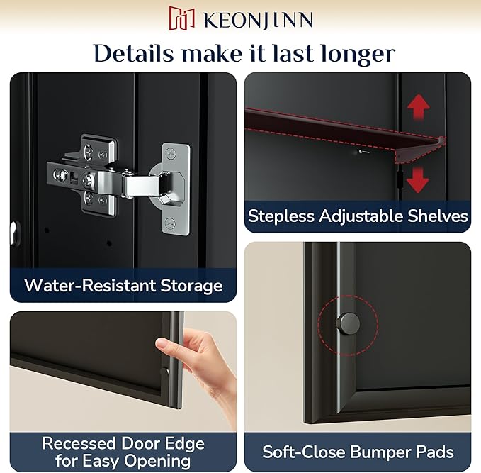 Keonjinn 60 x 32 Inch Medicine Cabinet, Assembly Required, Black Bathroom Medicine Cabinets Mirror, Lightweight, Adjustable Shelves, Surface Mount or Recessed, Tempered Glass