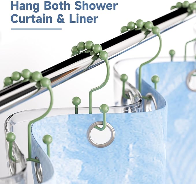 Titanker Shower Curtain Hooks Rings, Rust-Resistant Metal Double Glide Shower Hooks for Bathroom Shower Rods Curtains, Set of 12 Hooks - Sage Green
