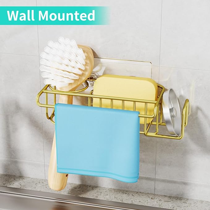 HapiRm Sponge Holder for Kitchen Sink, No Drill Kitchen Sink Caddy Organizer, Rustproof Dish Sponge Holder- Gold(8.73 * 3.54 * 2.36in)