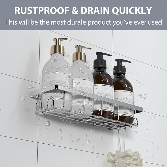 Shower Caddy Organizer with Hooks,Self Adhesive Bathroom Shelves,No Drilling Bathroom Organizers and Storage,Perfect for RV, Apartment, Home Decor,2 Pack Silvery