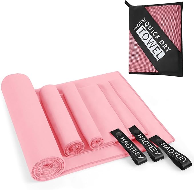 Quick Dry Travel Towel, 3 Sizes 1 Pack Camping Microfiber Towel, Lightweight Fast Drying Towels Set 60"x30", 30"x15", 15"x15" w/Bag for Gym, Beach, Hiking, Swimming, Pink