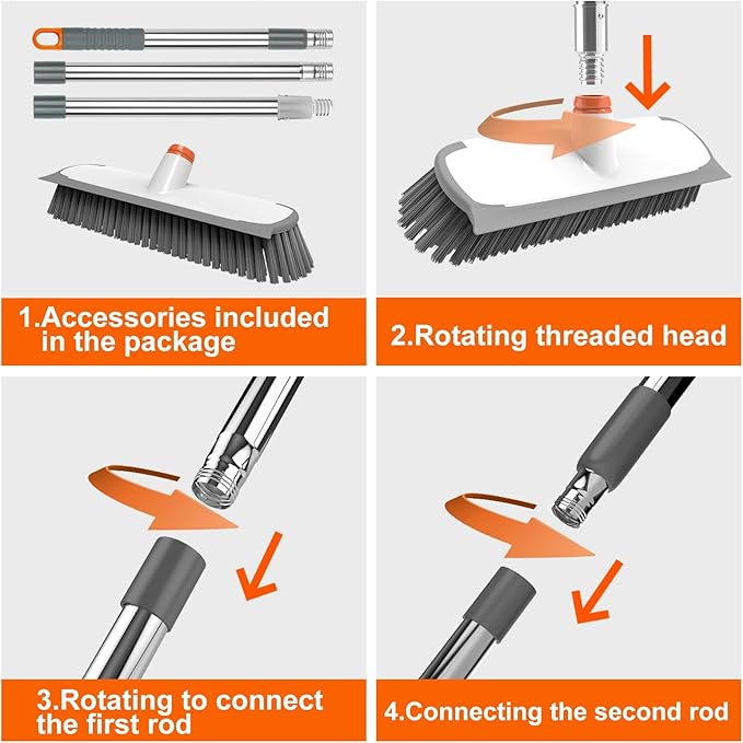 Floor Scrub Brush with Long Handle, Stiff Bristles Deck Brush, BITOPE Multi-Purpose Heavy Duty Hardwood Floor Scrubber, Cleaning Concrete Balcony Patio Garage Outdoor/Indoor