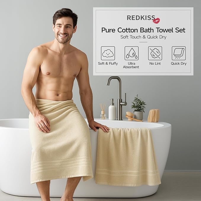REDKISS 6 Piece Luxury Bath Towel Set - 100% Cotton Towels for Bathroom, 600 GSM Premium Beige Towels of 6, Includes 2 Large Bath Sheets, 2 Hand Towel, 2 Washcloths, Highly Absorbent