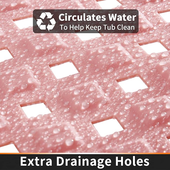 Yimobra Bathtub Mat Non Slip, Super Strong Suction Cups, 27.5"x15.5" Long Shower Mat with Drain Holes, Machine Washable Fast Draining Bath Mats, Bathroom Essentials,Pink
