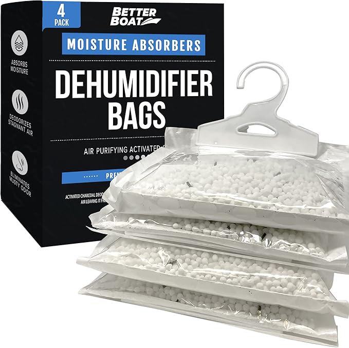 4 Pack Moisture Absorber Hanging Bags, Boat Dehumidifier with Charcoal, Unscented, Removes Dampness and Musty Odors, Ideal for Basement, Closet, Home, Car, RV, and Boating