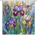 Stained Glass Shower Curtain Artistic Iris Dragonfly Purple Floral Green Leaves Abstract Nature Plant Spring Summer Modern Botanical Fabric Bathroom Decor Curtains with Hooks,70 x 82