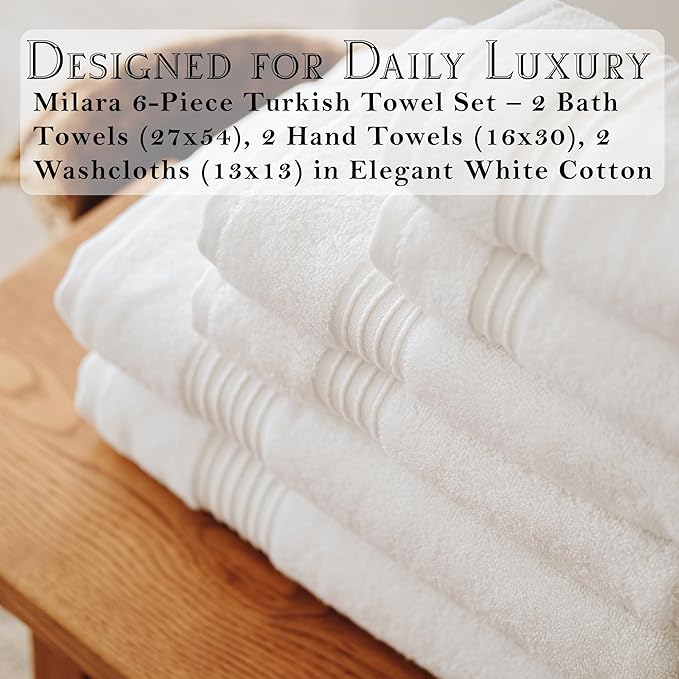 Milara Turkish Bath Towels Set of 6| 2 Bath Towels, 2 Hand Towels & 2 Wash Cloths with Elegant White Color | 700 GSM Premium Quality Cotton Ultra-Soft & Absorbent
