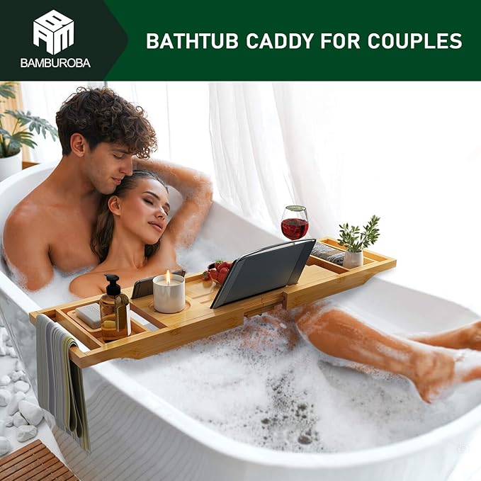 Bamboo Bathtub Caddy Tray Expandable for Luxury Bath, Bath Accessories & Table with Wine Glass Holder, Book Stand Bathroom Organizer with Extending Sides for Men/Women,Natural