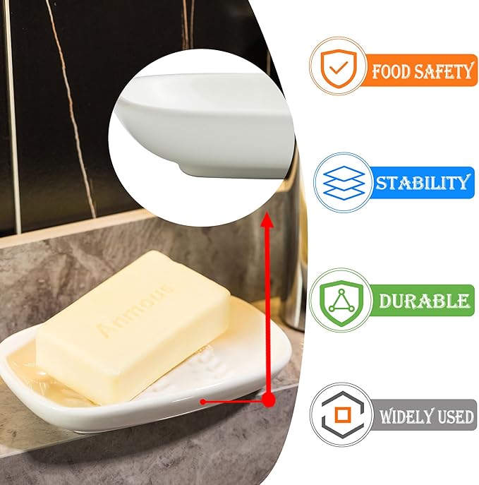 Soap Dish Soap Holder Shower, Ceramic Soap Dishes for Bar Soap Sponge, Shower Soap Dish Soap Saver Tray for Bathroom Kitchen Sink, Easy to Clean, White