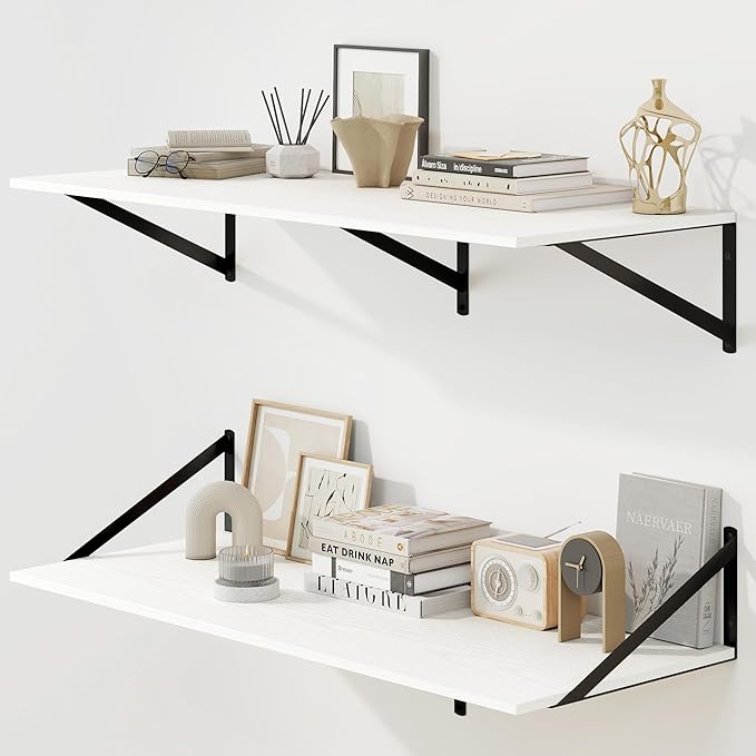 Fun Memories Floating Shelves for Wall, 12 Inch Deep Floating Shelves Set of 2, 36W x 12D Large Wall Shelf with Sturdy Metal Brackets for Living Room, Bathroom, Bedroom and Kitchen, White