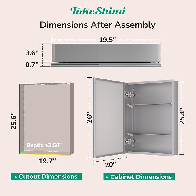 TokeShimi 20x26 Medicine Cabinet Mirror with Storage Tempered, Aluminum Surface Mount or Recessed Medicine Cabinet Silver with Adjustable Shelves for Bathroom Vanity Modern Farmhouse