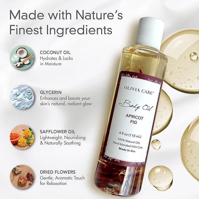 Olivia Care Body Oil Apricot Fig Vegan & Natural Moisturizing - Infused with VITAMIN E, K & Omega Fatty Acids - Refreshing Fragrance - Reduce Dry Skin, Anti-Aging Properties (Apricot Fig)