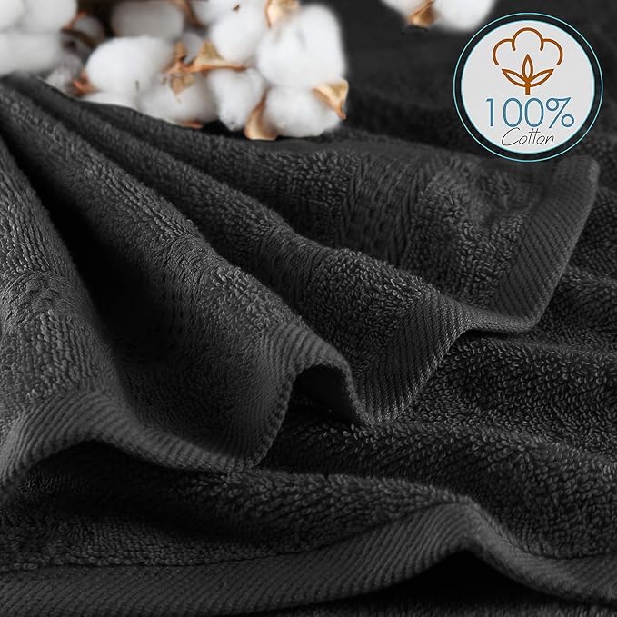 Hearth & Harbor Washcloths 12 Pack - 100% Cotton Washcloth for Body and face, High Absorbent and Soft 13"x13" Body Wash Cloth, Quick Dry - Black Washcloths