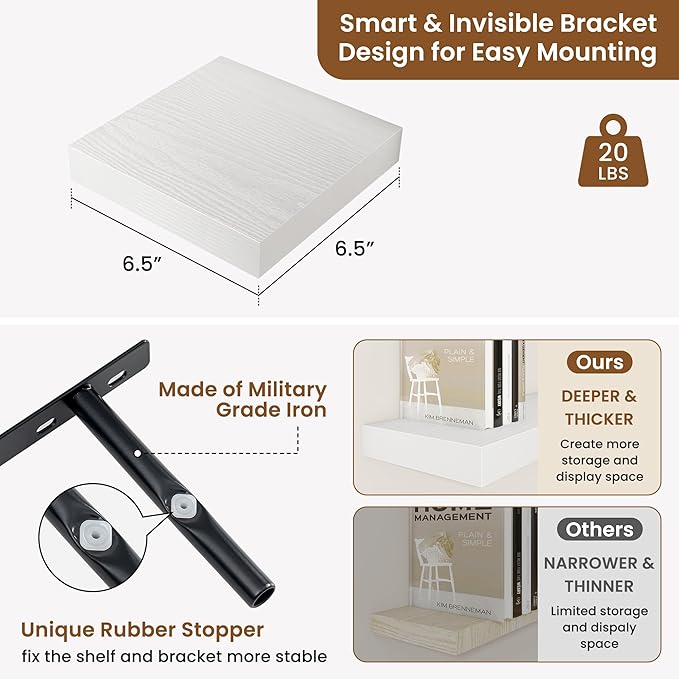 fuqing Floating Shelves for Wall, Wall Mounted Wood Floating Shelf with Invisible Brackets for Living Room, Bathroom, Bedroom, Kitchen Storage and Decor,6.5 Inch Set of 3, White