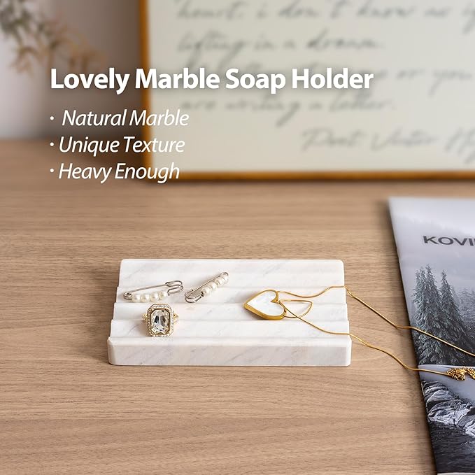 2 Pcs Soap Holder for Bathroom, Marble Soap Dish for Kitchen Countertop, Soap Tray Draining with Creative Wavy Design, Bar Soap Saver for Bath Tub, Sponges, Italian Natural Stone(Agiax)