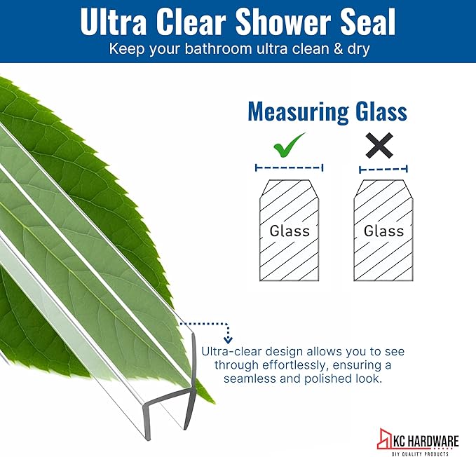 Frameless Shower Door Side Seal Strip H-Type 180 Degree 72 inch Length, Clear (1, 1/4 inch Glass)