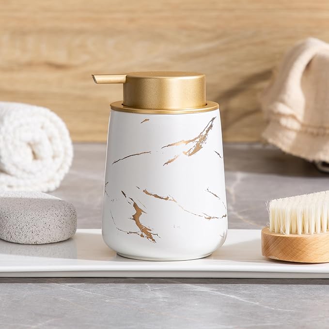 Enra Hand Foaming Gold Soap Dispenser,12 oz Ceramic Foam Soap Dispenser for Bathroom Countertop Kitchen Dispenser for Dish Soap with Easy-to-Press (Glod Foam Type2)