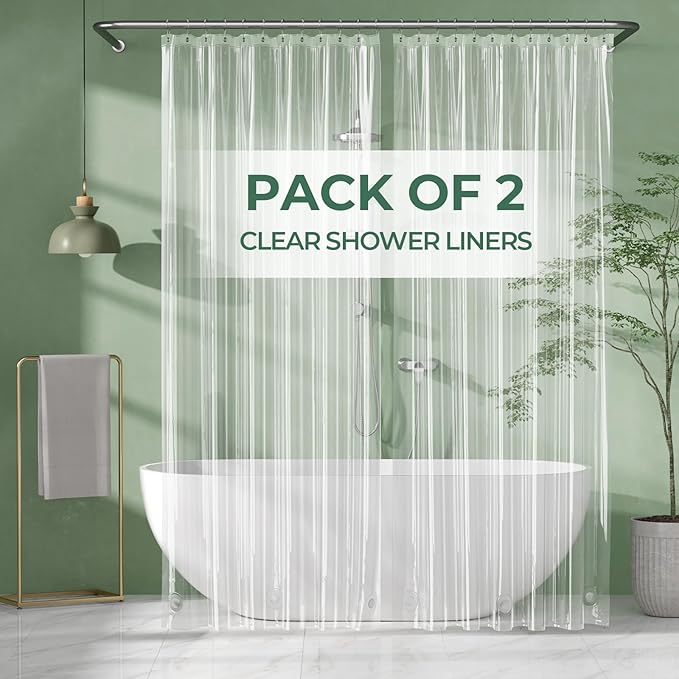 AmazerBath Shower Curtain Liner 2 Pack, 72 x 96 Inches Extra Long PEVA Plastic Shower Liner with 3 Weighted Stones and 12 Rustproof Metal Grommet, Lightweight Waterproof Shower Curtain - Clear
