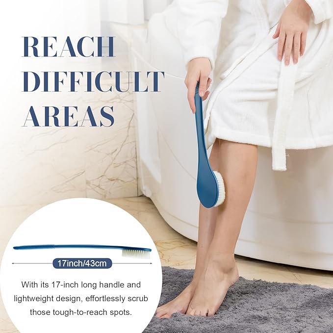 Back Scrubber for Shower, Shower Body Brush for Cleaning with Long Handle for Showering, 17 Inch Back Washer Exfoliator for Shower Men Women with Non-Slip Handle, Adhesive Hook (Navy Blue)
