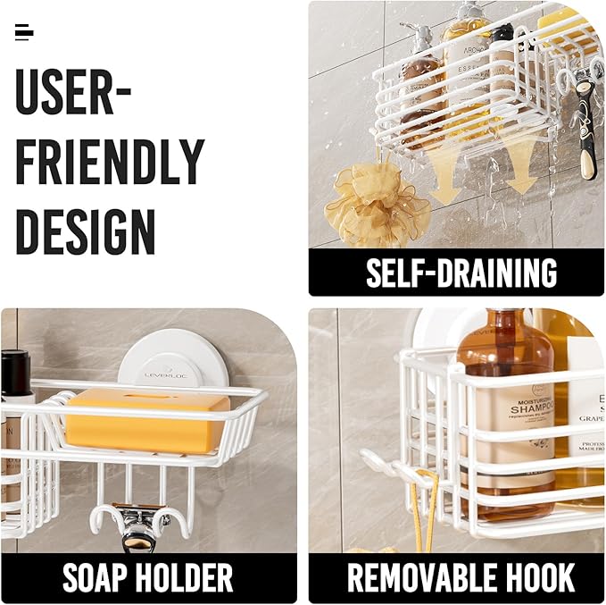 LEVERLOC Shower Caddy Suction Cup, 2 Pack Shelves for Inside with Hooks and Soap Holder, NO-Drilling Bathroom Holder, Rustproof Meatl Bathroom Organizer, White