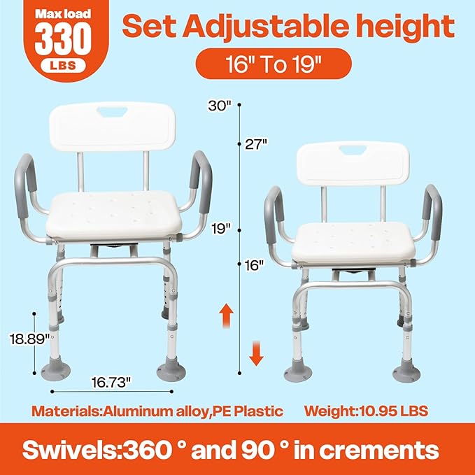 Shower Chair 360° Swivel Shower Chair for Inside Shower,Portable Seat with Back & Arms, Adjustable Height Seat for Bathtub,Tub Bench Stool for Bathroom Mobility Seat for Elderly, Disabled