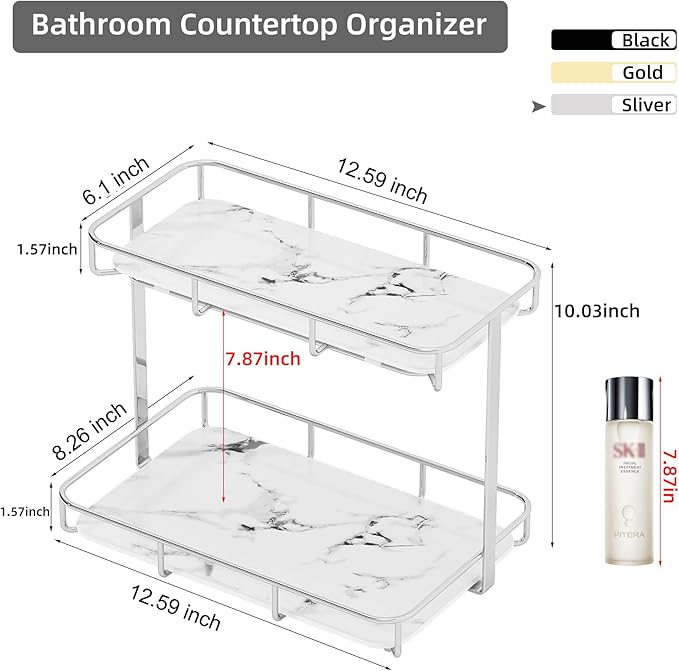 Bathroom Organizer Countertop Perfume Organizer Makeup Organizer Cosmetics Storage Display Rack Vanity Tray Dresser Stainless Steel Gold Shelf White Marble Ceramic Tray