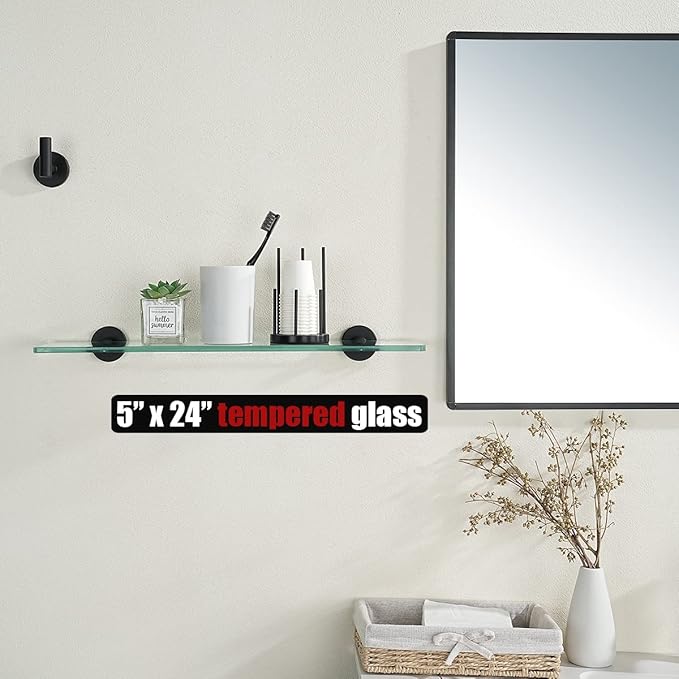 JQK Bathroom Glass Shelf Black, Tempered Glass Shower Storage 24 by 5 inches, 304 Stainless Steel Matte Black Wall Mount, TGS101L24-PB